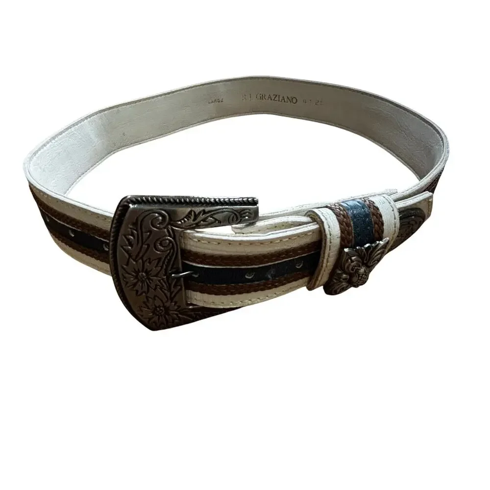 Vintage Graziano belt size L creamy white brown blue large silvertone buckle